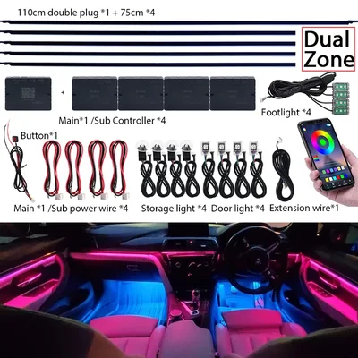 18 in 1 듀얼 존 심포니 LED 자동차 주변 조명 RGB 64 색상 인테리어 레인보우 아크릴 스트립 네온 분위기 조명 키트 App
