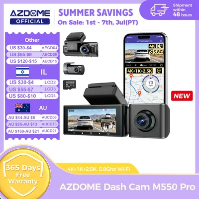 AZDOME M550 Pro 대시 캠 자동차 DVR 5.8Ghz WiFi 3.19" IPS 2 또는 3 채널 카메라 GPS 야간 투시경 듀얼 4K+1080P 주차 모니터