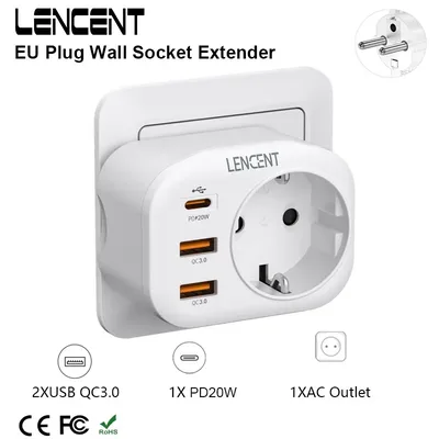 LENCENT EU 플러그 벽 소켓 확장기(AC 콘센트 1개 포함) USB QC3.0 2개 및 C형 PD 20W 멀티 고속 충전기 1개(가정 여행용)