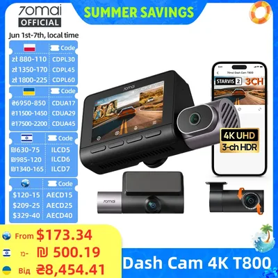 【글로벌 버전】70mai 대시캠 4K T800 3채널 HDR 슈퍼커패시터 전방 후방 실내 녹화 GPS 차량용 블랙박스 70mai T800 24시간 주차 감시 지원 4G