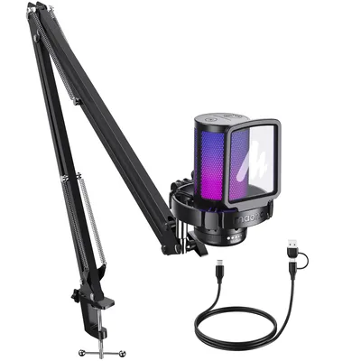 마오노 DGM20S 게이밍 USB 마이크 콘덴서 RGB 조명, 노이즈 캔슬링, 붐 암 포함, 스트리밍, 팟캐스트, 유튜브, 틱톡용
