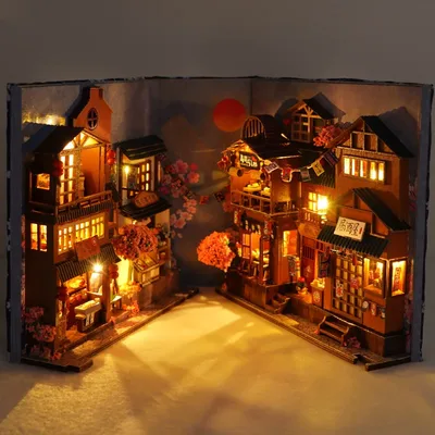 Diy Book Nook 인형 집 미니어처 나무 책장 선반 삽입 모델 키트, 애니메이션 컬렉션 생일 장난감 선물