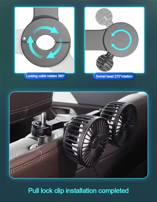 SEAMETAL 3단 속도 조절 차량용 시트 등받이 냉각 팬 USB 충전 듀얼 헤드 360도 회전 넥 쿨러 (여름용 차량 액세서리)