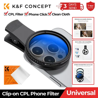 K&F CONCEPT 클립형 CPL 폰 필터 키트 52mm 카메라 렌즈 원형 편광 아이폰 15 14 13 휴대폰용