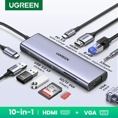 UGREEN USB 허브 Type-C ~ 4K HDMI VGA RJ45 PD100W MacBook 노트북 스팀 데크 USB-C 도킹 스테이션용 3.5mm SD&TF USB3.0 분배기