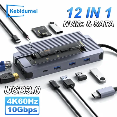 12-IN-1 USB 허브 하드 디스크 인클로저 도킹 Statio M.2 NVMe SATA SSD Macbook Pro 용 HDMI 4K60Hz 어댑터에 듀얼 프로토콜 유형 C