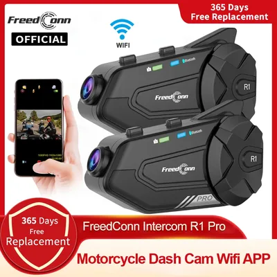 오토바이 인터콤 헬멧 블루투스 헤드셋 그룹 스피커 헤드폰 WiFi App Freedconn R1Pro 오토바이 대시 캠 모토 자동 Dvr