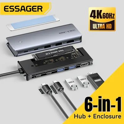 Essager USB C 허브(M.2 SSD 하드 디스크 인클로저 포함) 6/7 in 1 PD100W USB3.2 Macbook Pro Air PC용 10Gbps HDMI USB 유형 C 어댑터