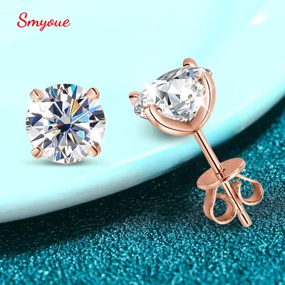 Smyoue 0.2-3CT 로즈 골드 컬러 모이사나이트 스터드 귀걸이 여성용 반짝이는 클래식 웨딩 랩 다이아몬드 순수 925 실버