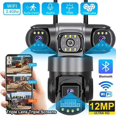 V380 Pro WiFi IP 카메라 야외 12MP 6K 트리플 렌즈 스크린 보안 비디오 모니터 야간 투시경 방수 CCTV