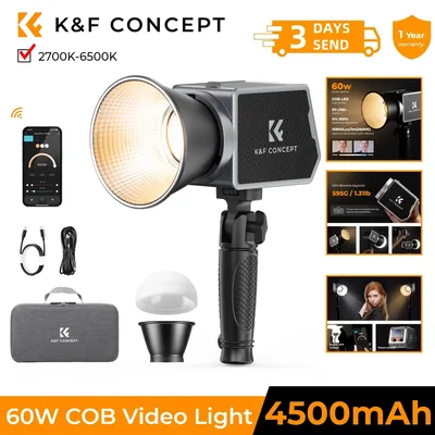 K&F CONCEPT PL-60B 5600K 60W COB 사진 조명 (4500mAh 배터리 및 Type-C PD 고속 충전 기능 포함) 12가지 조명 효과 비디오 조명