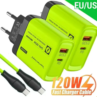 120W USB C 2 포트 충전기 키트, 녹색 벽 플러그, EU/US 어댑터, 고속 충전, 아이폰, 아이패드, 삼성, 샤오미, 타입 데이터 케이블