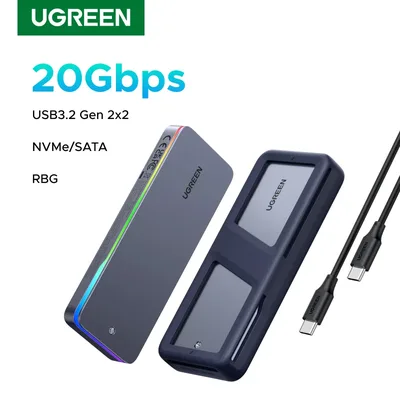 UGREEN NVMe SATA SSD 인클로저 어댑터, USB 3.2 Gen2 외부 지원, RGB 조명 효과, M.2 케이스, 20Gbps