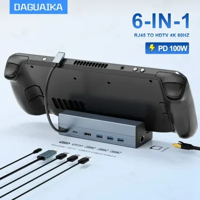 스팀 덱 독 6 in 1 덱/로그 앨리 2023 도킹 스테이션 스탠드 3*USB 3.0 HDTV 4K@60Hz 기가비트 이더넷 PD 100W 허브