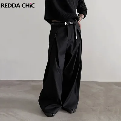 REDDACHIC 남성용 플리츠 프론트 와이드 레그 팬츠, 클린핏 블랙 솔리드 로우 웨이스트 드레스 바지, 유니섹스 오피스 워크 캐주얼 의류
