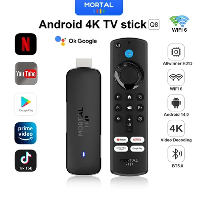 안드로이드 TV 스틱 Mortal Q8 글로벌 버전 음성 리모컨 Android14 8K 4K 비디오 Wifi6 Netflix YouTube 빠른 스트리밍