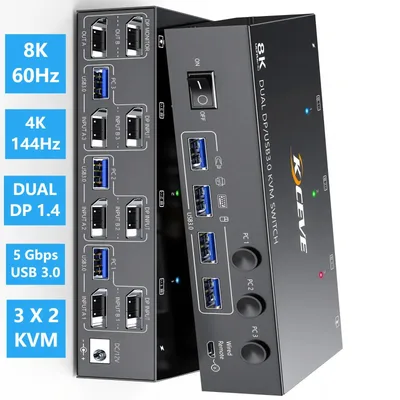 듀얼/트리플 모니터 DP KVM 스위치 4K@144Hz 2x2 USB3.0 HDMI KVM 스위치 3 입력 2/3 출력 8K@60Hz 혼합 디스플레이 2/3 모니터 3 컴퓨터