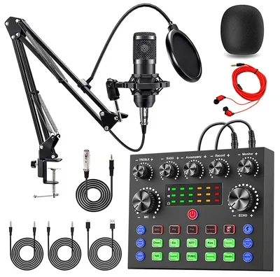 V8S 라이브 사운드 카드 팟캐스트 장비 음악/녹음 스트리밍용 BM800 마이크 세트가 있는 방송 DJ 장치