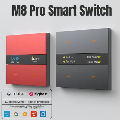 M8Pro Tuya 스마트 스위치 및 Zigbee 3.0 허브: HD 날씨/시계, 프로그래밍 가능한 키 4개, 다중 장치 제어