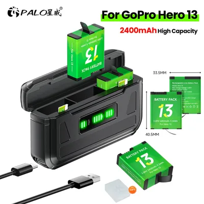 GoPro Hero 13용 PALO 2400mAh 배터리+3슬롯 충전기 박스(타입-C 포트 포함) GoPro Hero 13 블랙 스포츠 카메라 액세서리