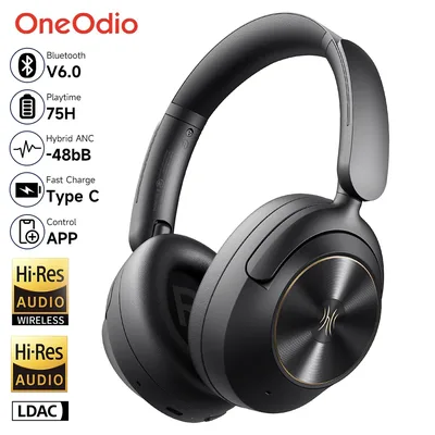 원오디오 A6 ANC 무선 블루투스 6.0 헤드폰 -48dB 하이브리드 액티브 노이즈 캔슬링 오버이어 헤드셋 (마이크, Hi-Res LDAC 앱 지원)