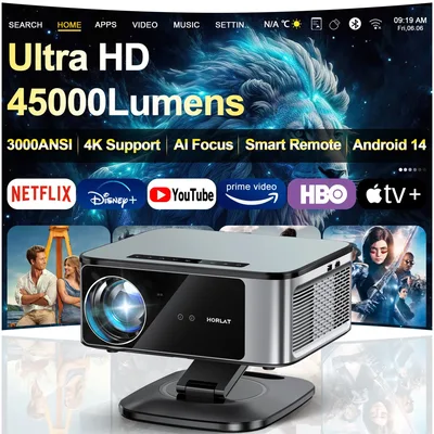 2025 HORLAT 45000 루멘 4K UHD 프로젝터 레이저 TOF 포커스 안드로이드 14 WiFi 6 1080P 풀 HD 주간 시청 가능 홈시어터 영화