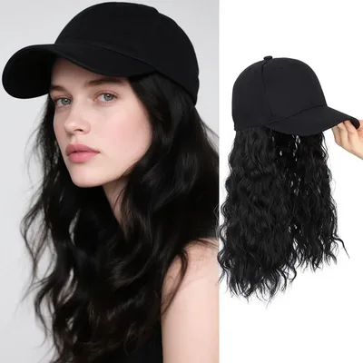 18 인치 합성 롱 웨이브 컬리 야구 모자 헤어 익스텐션 조정 가능한 블랙 금발 Hairpece 가발 여성용
