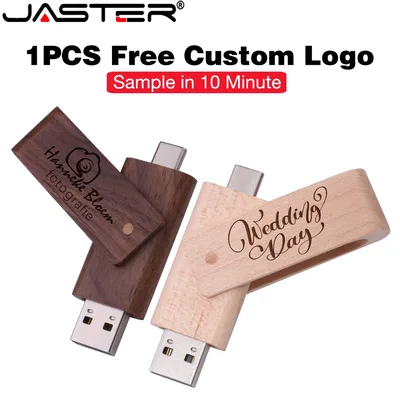 JASTER 무료 맞춤형 로고 TYPE-C USB 3.0 플래시 드라이브 128GB 나무 회전식 USB-C 메모리 스틱 64GB 비즈니스 선물용 펜 드라이브 32GB