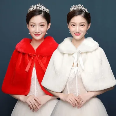 화이트 여성용 겨울 두꺼운 플러시 랩 숄 팔꿈치 길이 웨딩 신부용 숄 케이프 따뜻한 재킷 레이스업 리본 포함