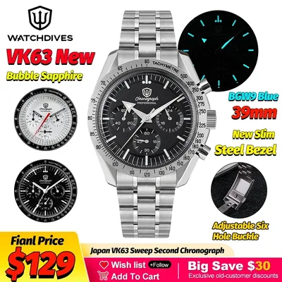 Watchdives WD1863 기계식 쿼츠 시계 블랙 스페이스 VK63 크로노그래프 스포츠 시계 남성용 버블 사파이어 방수 시계
