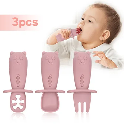 3피스 아기 첫 단계 독립 식사 도구 유아 훈련용 부드러운 팁 프리 스푼 세트 실리콘 아기 스푼