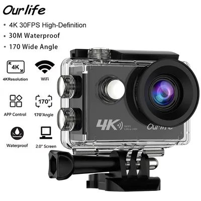 Ourlife 4K 액션 카메라 울트라 HD 16MP WiFi 2.0인치 화면 170도 DVR 웹캠 방수 30M 헬멧 비디오 녹화 스포츠 카메라