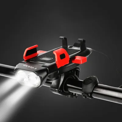 신제품 4 in 1 USB 충전식 방수 자전거 전조등 LED 자전거 라이트 경적 및 휴대폰 거치대 포함 자전거 라이트