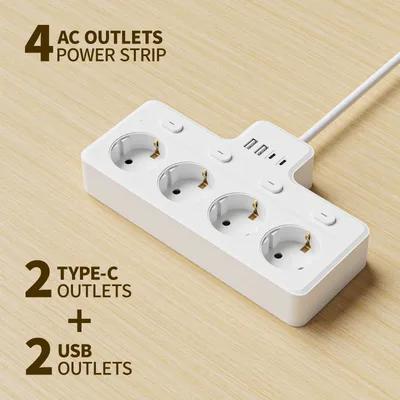 8-in-1 EU 전원 보드, 멀티 스위치 연장 코드 플러그인 AC 콘센트 4개, USB 2 Type-C 2개, 데스크탑 벽면 충전 스테이트