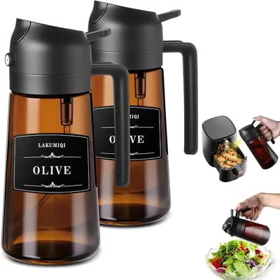 2-in-1 유리 오일 디스펜서 & 스프레이어 - 16oz/470ml 누수 방지 올리브 오일 스프레이어 병 요리용, 에어프라이어, BBQ, 베이킹, 샐러드용