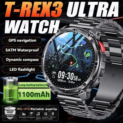 2026년 신제품 T-Rex3 울트라 1100mAh 밀리터리 스마트워치 남성용 1.7인치 AMOLED GPS 경로 5ATM 방수 나침반 LED 플래시라이트 iOS