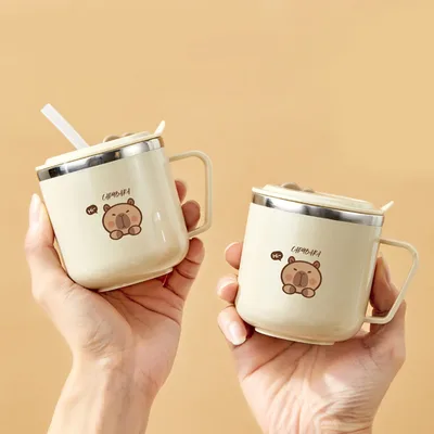 WORTHBUY 귀여운 카피바라 316 스테인리스 스틸 어린이 빨대 물컵 270ml 이중벽 보온 머그컵 새지 않는 우유 커피 컵