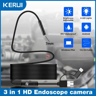 KERUI 새로운 7mm 내시경 카메라 3 in 1 미니 유형 C/마이크로 USB/USB-A 안드로이드 폰용 인터페이스 검사 PC