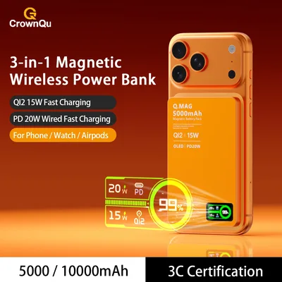 자석식 무선 보조배터리 Qi 2.1 USB-C 고속 충전 휴대용 외장 배터리 (아이폰 12-17 Pro, 워치, 에어팟 호환) 5000/10000mAh