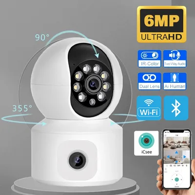 6MP iCsee WiFi IP 카메라 듀얼 렌즈 듀얼 스크린 PTZ 자동 추적 홈 보안 카메라 베이비 모니터 CCTV 비디오 감시 카메라