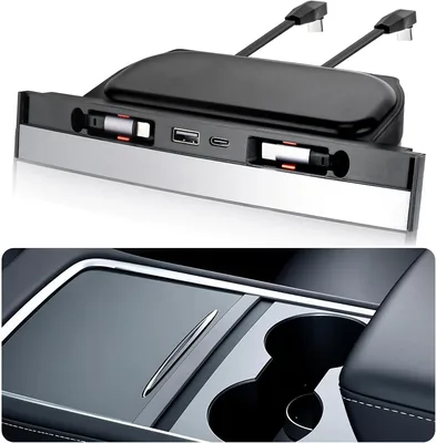 테슬라 모델 Y 2020-2024 3 2020-2023용 슬라이딩 커버가 있는 USB 허브, 멀티 포트 고속 충전기, 수납식 케이블, 방수 기능