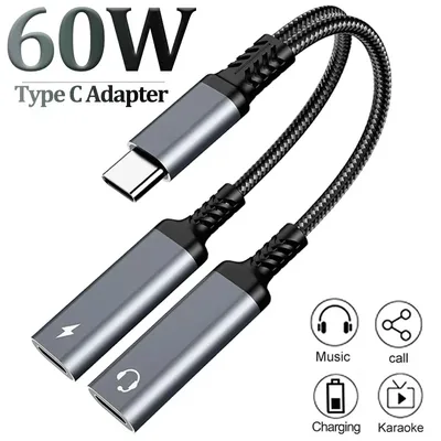 OTG 2 in 1 USB C 스플리터 듀얼 타입 헤드폰 잭 오디오 어댑터 PD 60W 고속 충전기 삼성 화웨이 아이폰15 샤오미용
