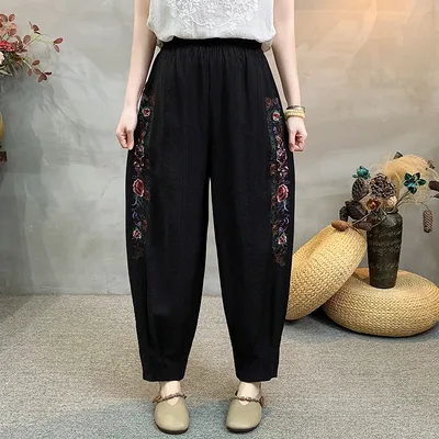 여성용 데일리 웨어를 위한 세련된 면과 린넨 랜턴 팬츠, 플러스 사이즈 캐주얼 루즈한 신축성 있는 허리 팬츠, 고품질