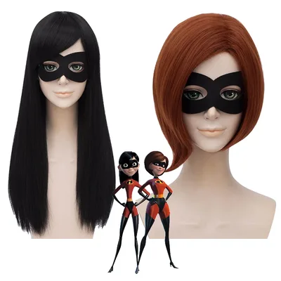 The Incredibles Elastigirl 코스프레 소녀 헬렌 파 역할 놀이 머리 바이올렛 가발 (아이 마스크 제외) + 모자