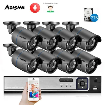AZISHN-H.265 + 8CH 5MP POE 보안 시스템 NVR 키트 오디오 IP 카메라 IR 야외 IP66 얼굴 감지 CCTV 영상 감시, 감시 카메라 씨씨티비 폐쇄회로 카메라